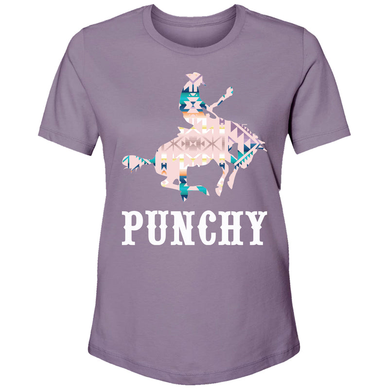 purple t-shirt with pink, blue, and purple Aztec pattern Punchy logo