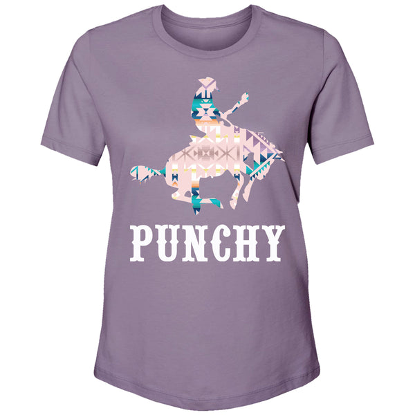 Purple, Punchy, women's tee with white, pink, turquoise, gold, grey punchy artwork