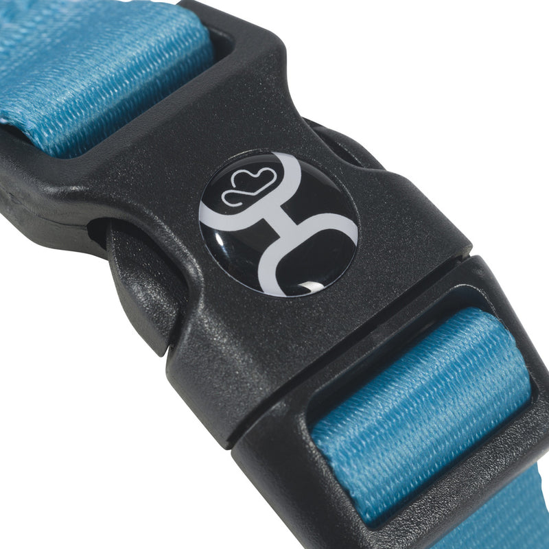 Close-up image of the clasp on the blue pet collar