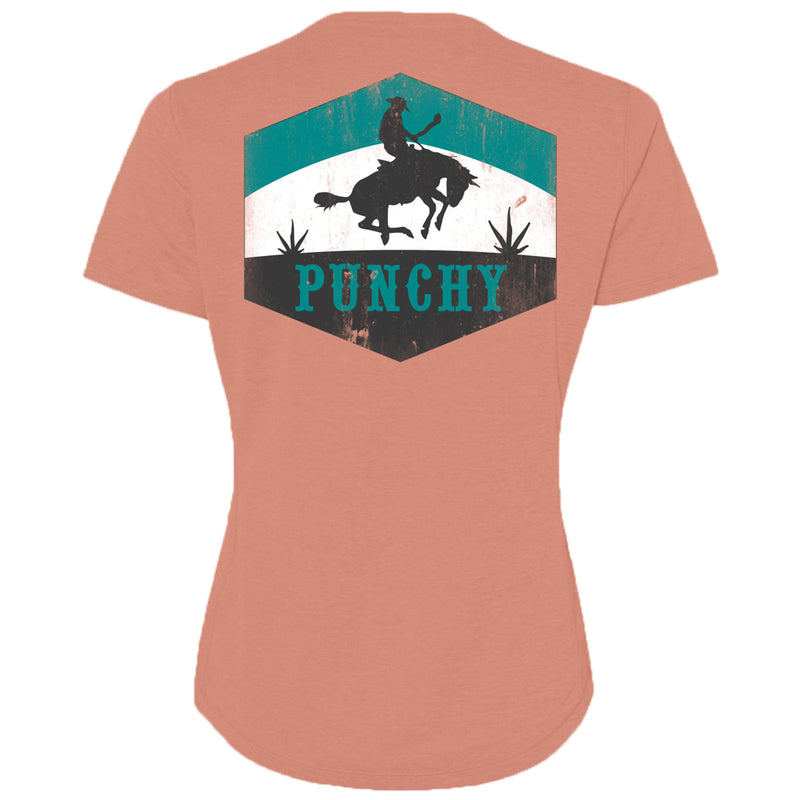 back of peach, punchy, women's tee with turquoise, white, and black Punch artwork logo across center of back