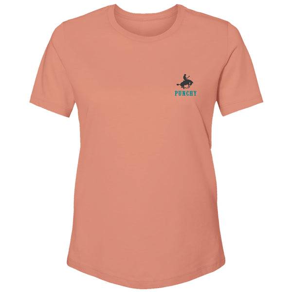 peach punchy, women's tee with black and turquoise punch logo on upper left collar