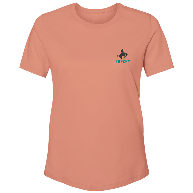 the front of the terracotta t-shirt with black cheyenne logo on the collar