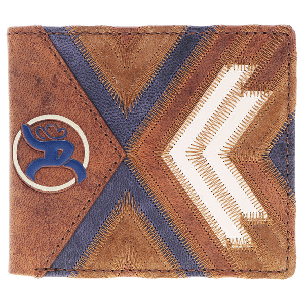 Brown leather wallet with navy blue and white pattern detail and logo