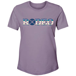 purple t-shirt with blue, white, and purple RODEO logo