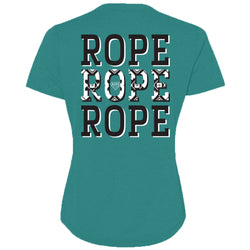 the back of the turquoise t-shirt with "Rope, Rope, Rope" in black and white