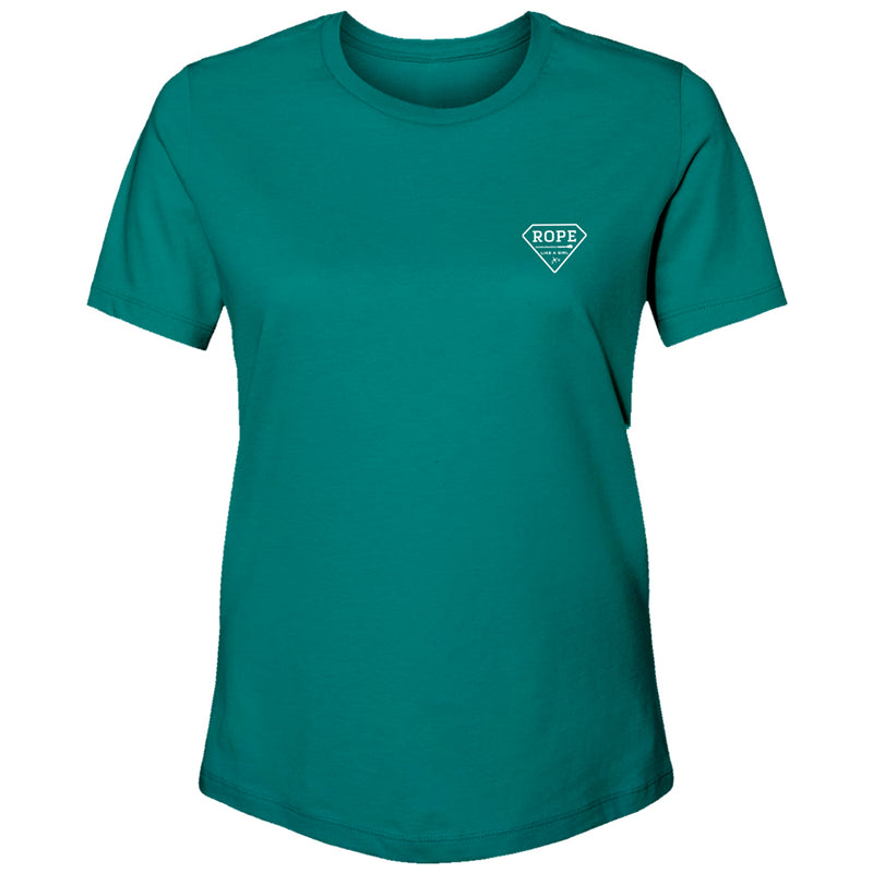 the front of the turquoise t-shirt with a small ROPE like a girl logo in white