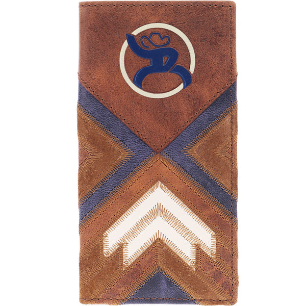 Brown leather bi-fold with navy blue and white design detail and logo