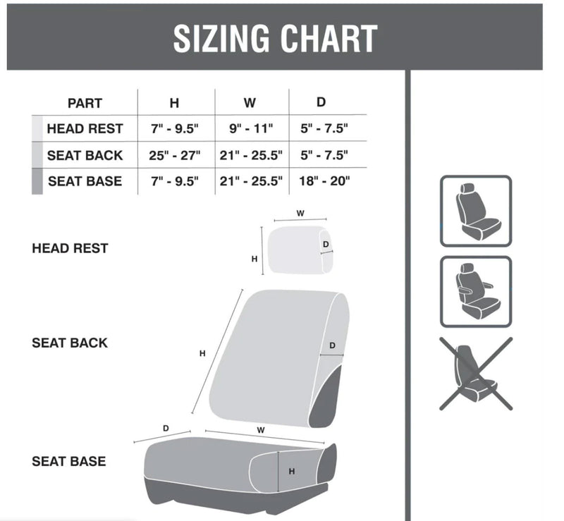 Hooey seat cover diagram featuring the size chart, and a depiction of seat types it fits