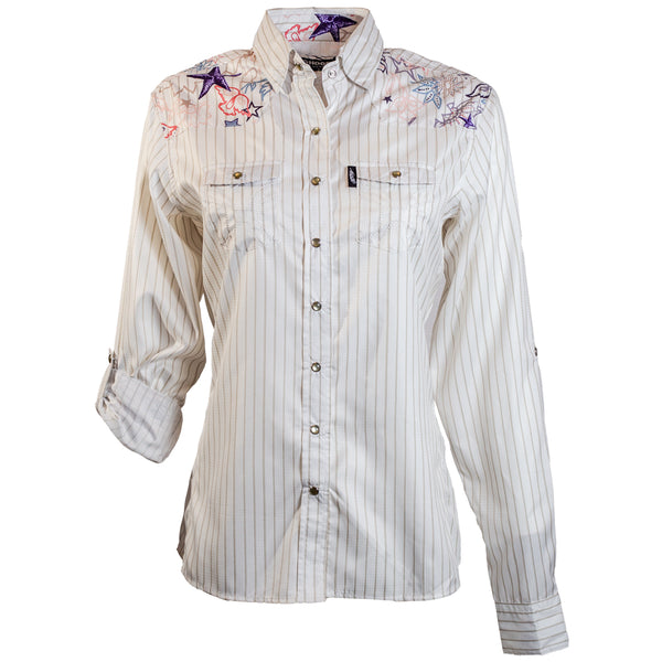 the front of the white with pin stripes and floral pattern, long sleeve, ladies SOL shirt