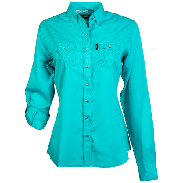the front of the light blue, long sleeve, ladies SOL shirt