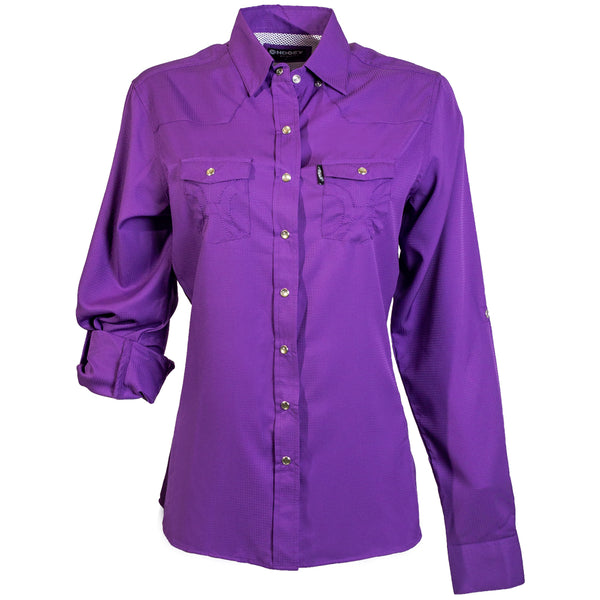 the front of the purple, long sleeve, ladies SOL shirt
