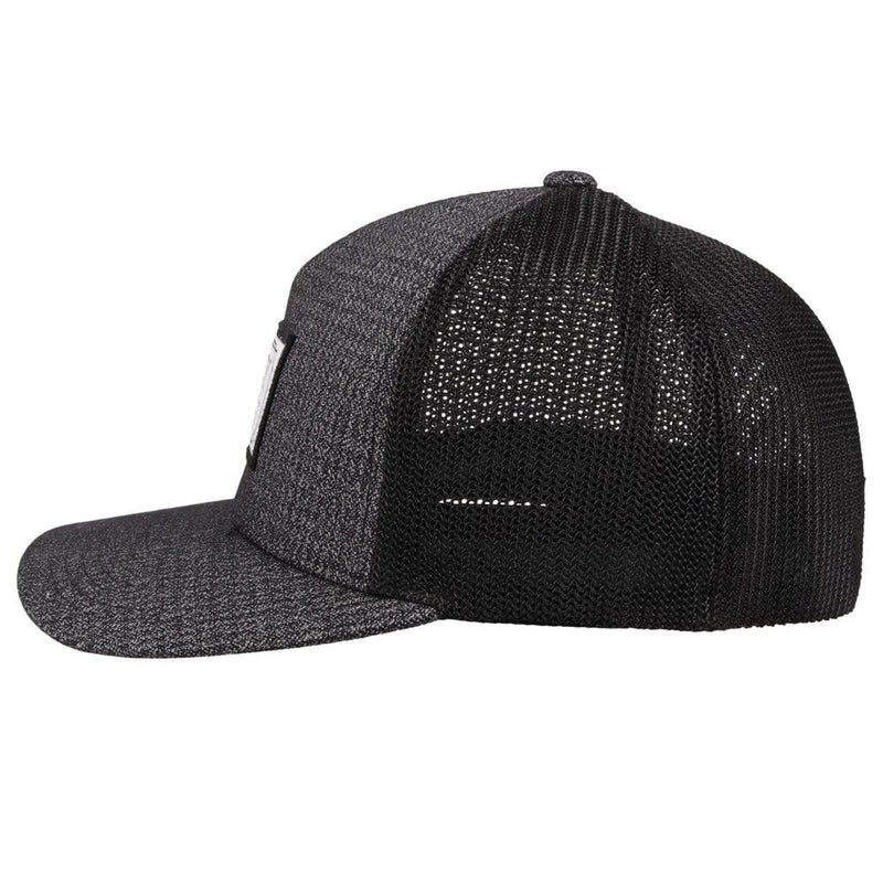 left side of the Doc charcoal and black hat with white and black patch