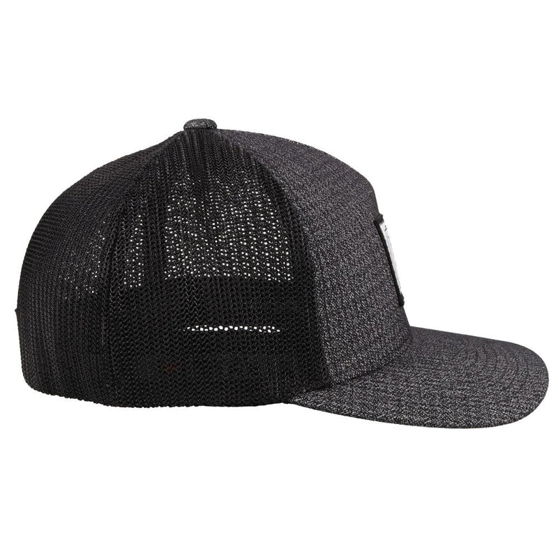 right side of the Doc charcoal and black hat with white and black patch