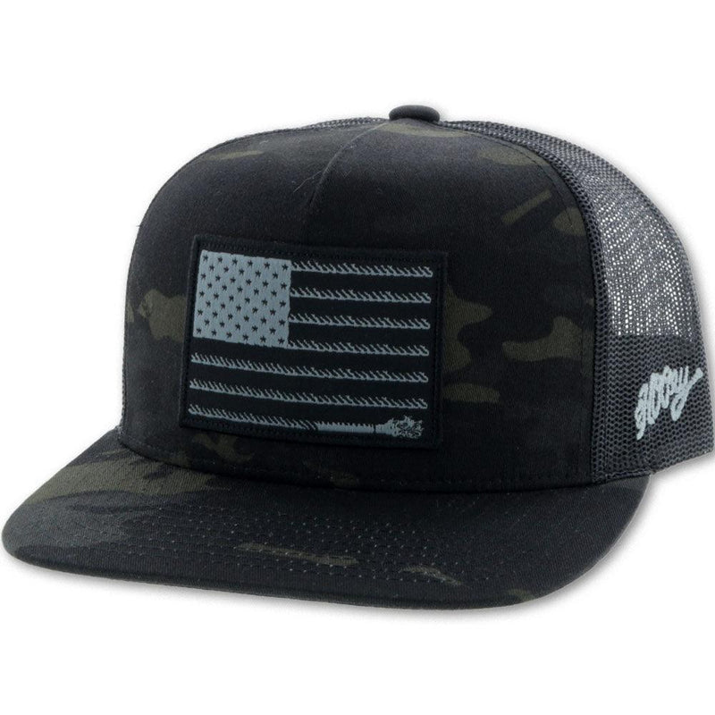 Youth Liberty roper camo and black hat with black and grey patch