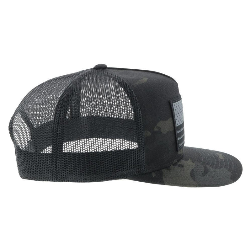 right side of the Youth Liberty roper camo and black hat with black and grey patch