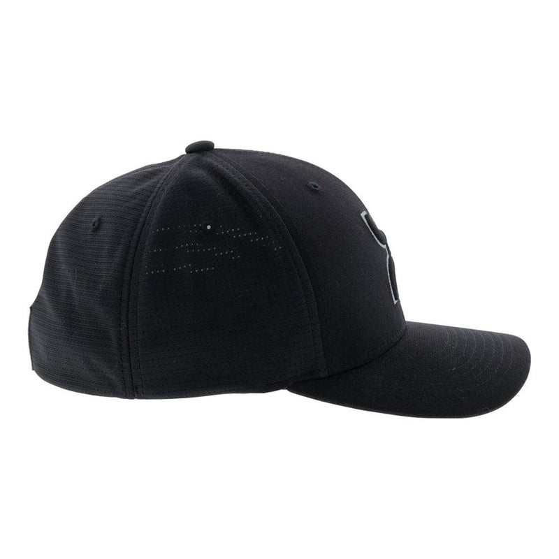right side of Black on black "Ash" Hooey hat with hooey logo