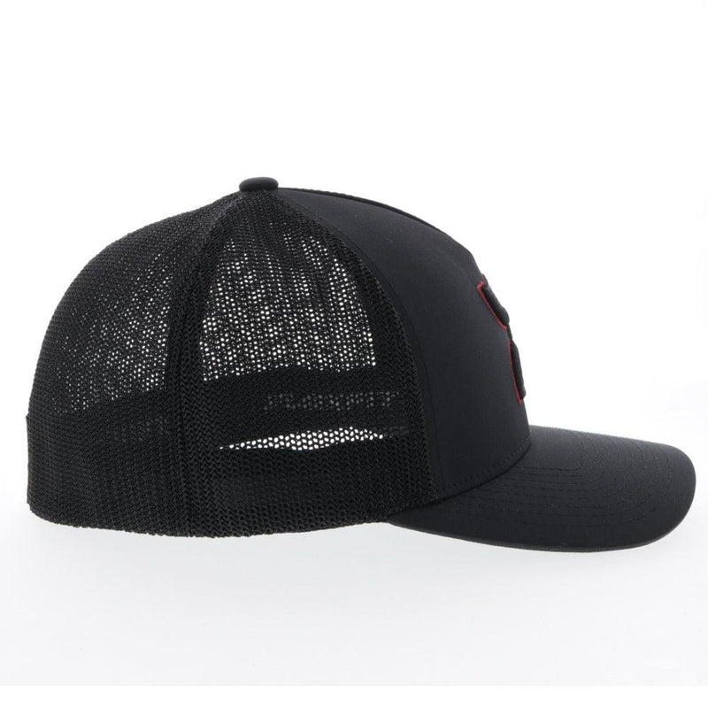 right side of the Black on black Coach hat with red and black logo