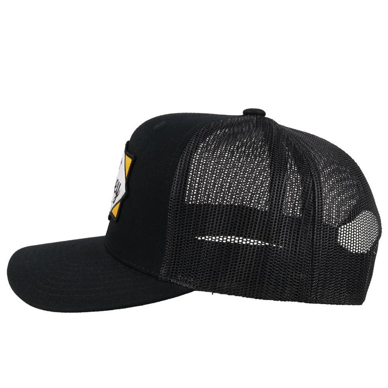 left side of the Diamond black on black hat with black, white, and yellow patch