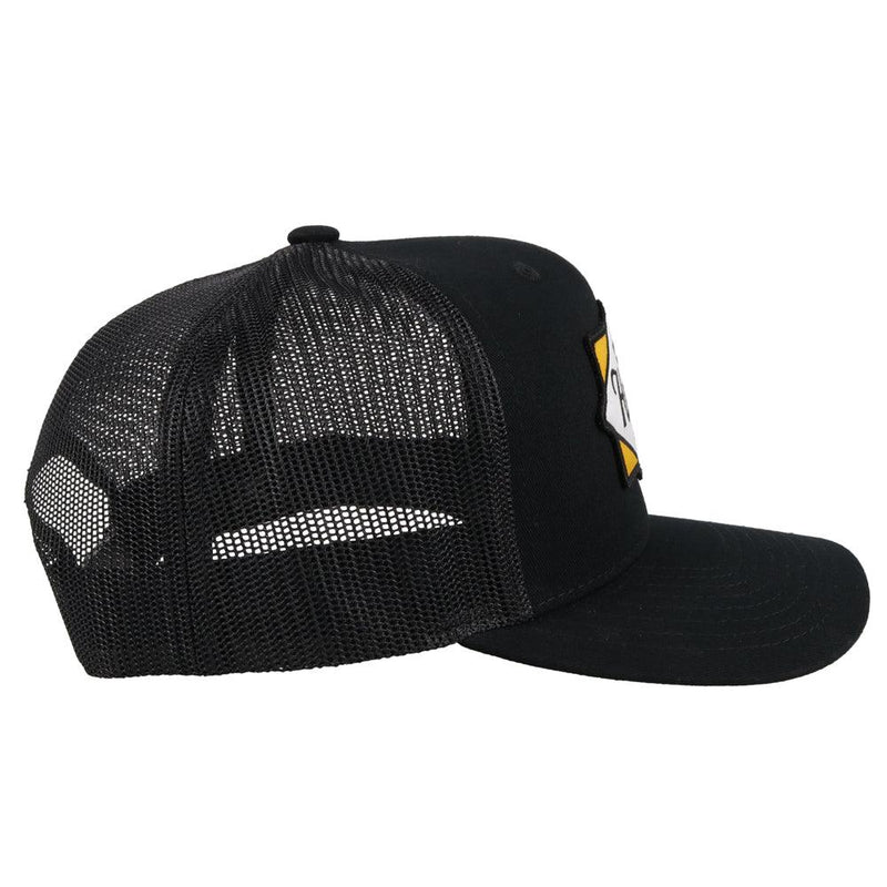 right side of the Diamond black on black hat with black, white, and yellow patch