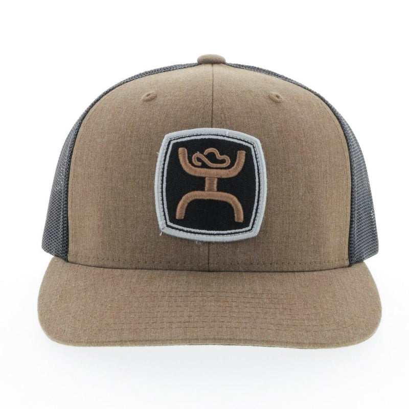 front view of the Zenith ligt brown and black hat with tan and grey patch