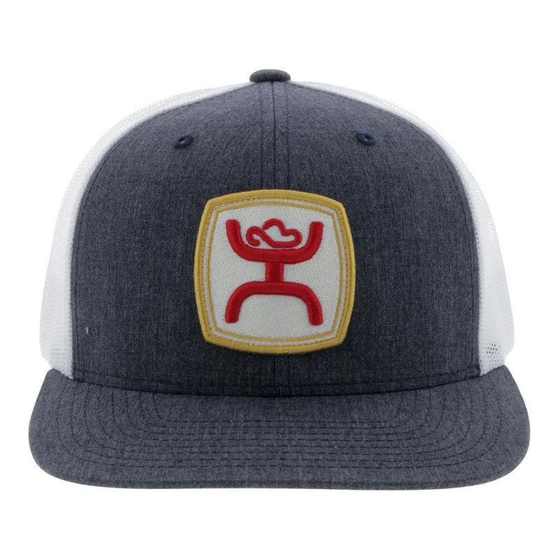 front view of the youth Zenith grey and white hat with red, white, and gold patch hat