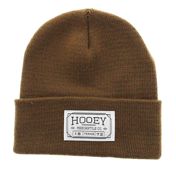 brown hooey beanie with fold up cuff and sewn on mercantile hooey logo
