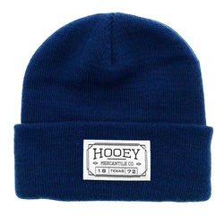 navy blue hooey beanie with sewn on patch and fold up cuff