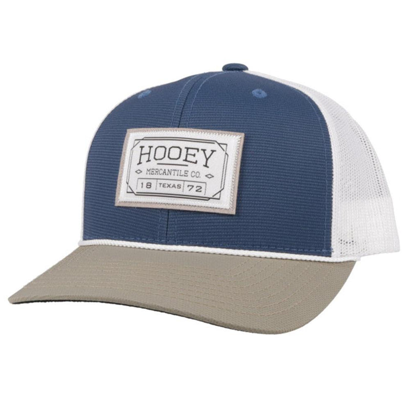 blue, white, and tan snapback hat with white patch and rope