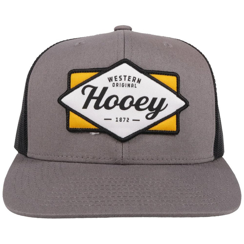 front of the  Diamond grey and black hat with black, white, and yellow patch