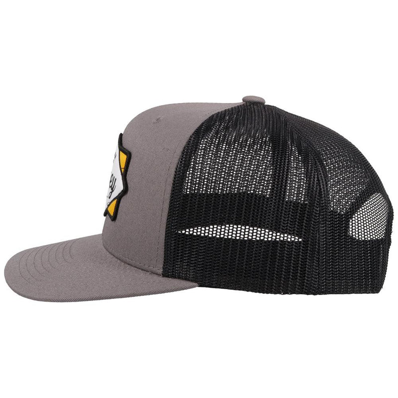 left side of the  Diamond grey and black hat with black, white, and yellow patch