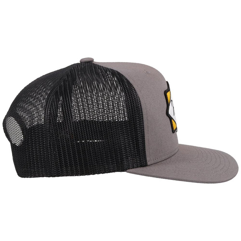 right side of the  Diamond grey and black hat with black, white, and yellow patch