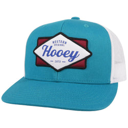 Diamond teal and white hat with red, white, black, and blue patch
