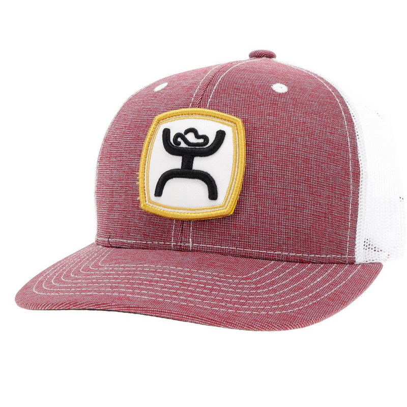 Zenith burgundy and white hat with yellow, black, and white patch