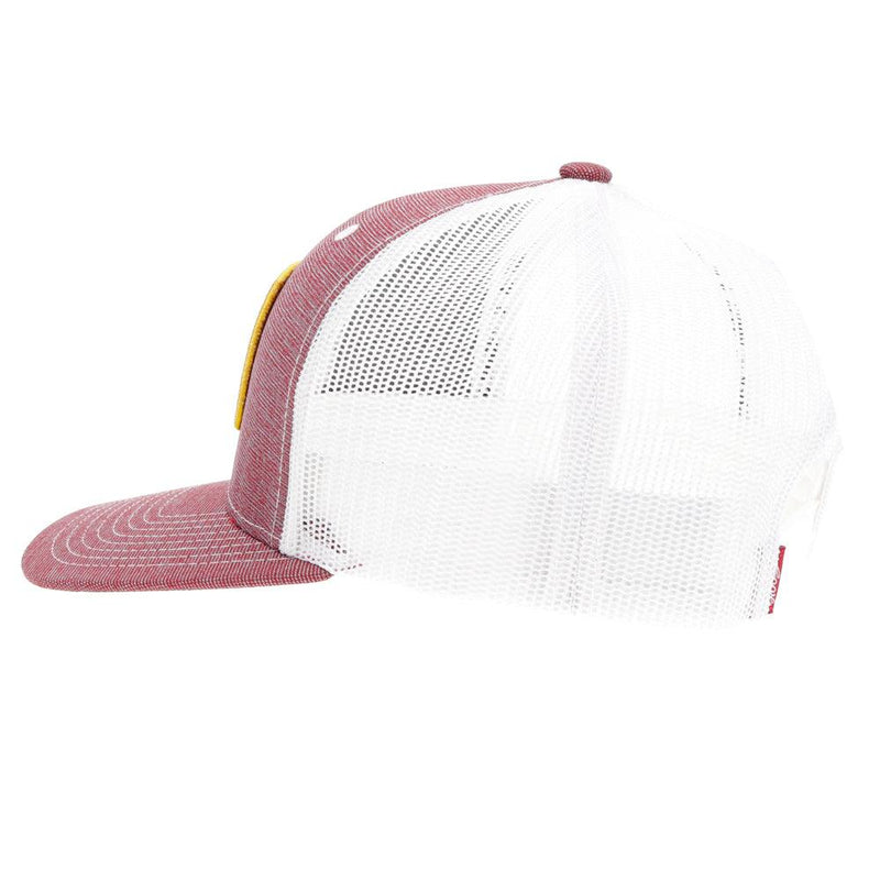 left side of the Zenith burgundy and white hat with yellow, black, and white patch