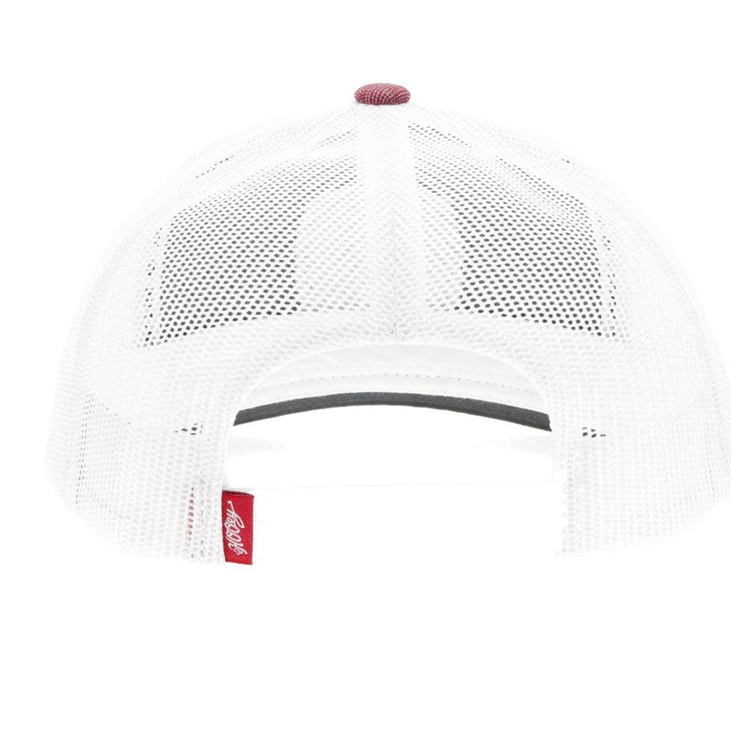 back of the Zenith burgundy and white hat with yellow, black, and white patch