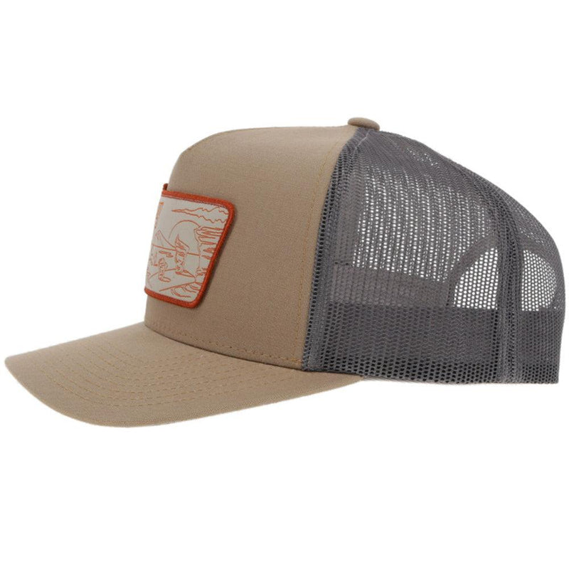 left side of the Davis tan and grey hat with orange and white patch