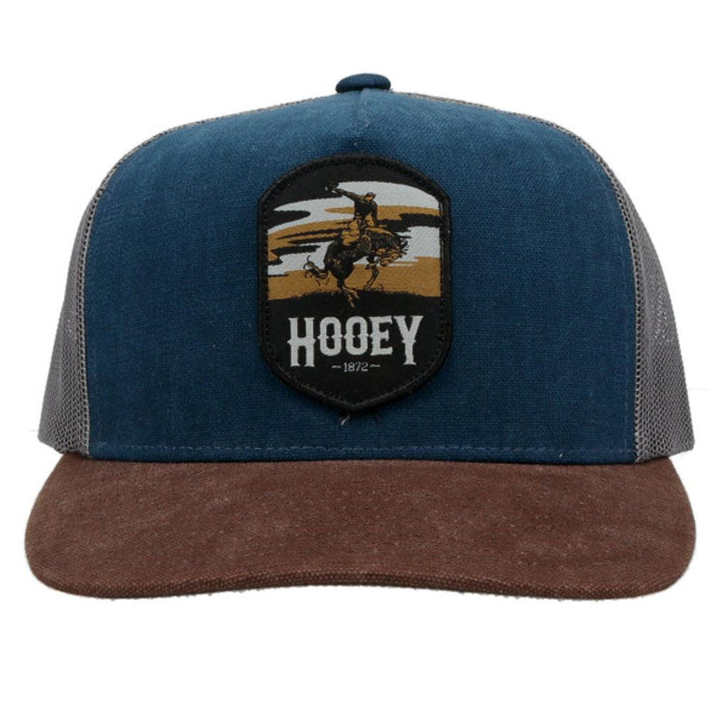 front of the Blue, charcoal, and brown Cheyenne hat 