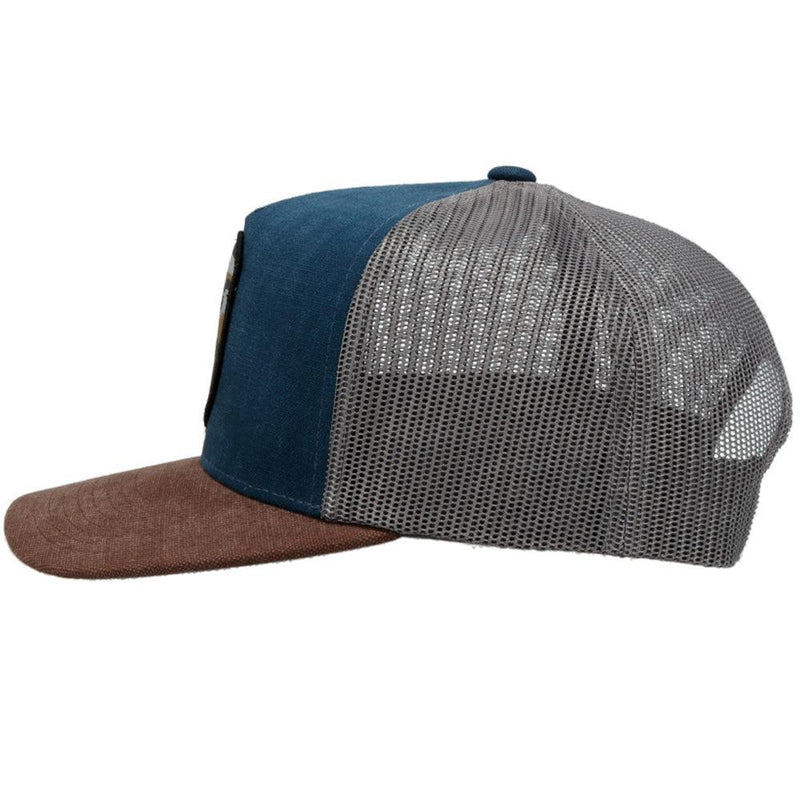 left side of the Blue, charcoal, and brown Cheyenne hat 