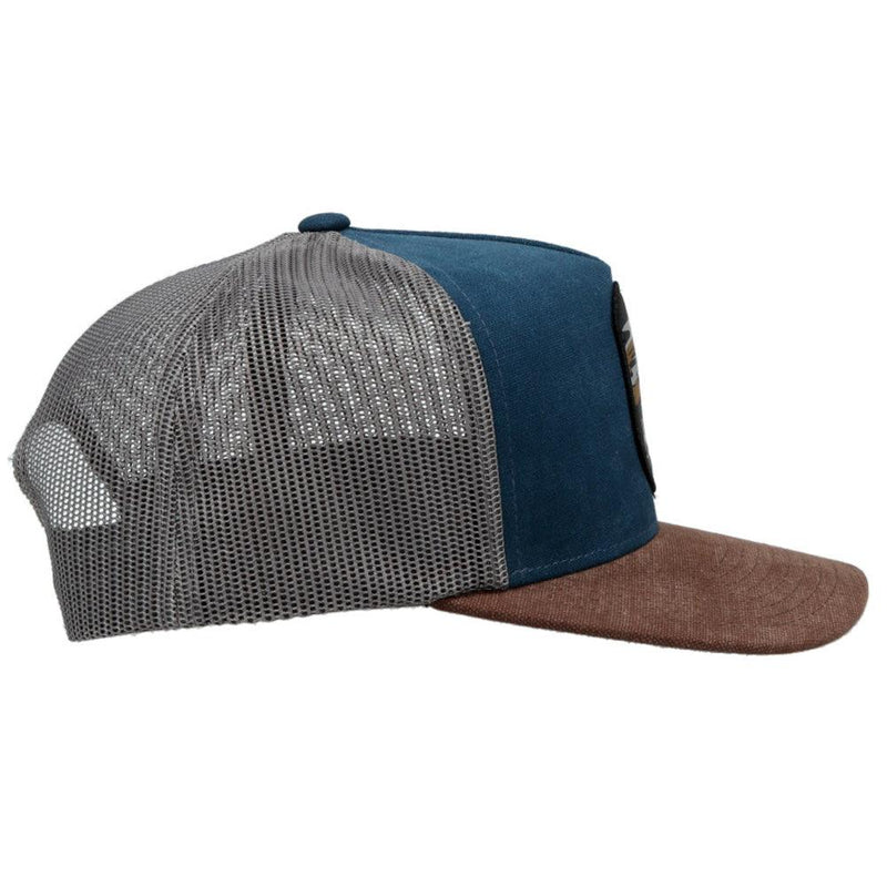right side of the Blue, charcoal, and brown Cheyenne hat 