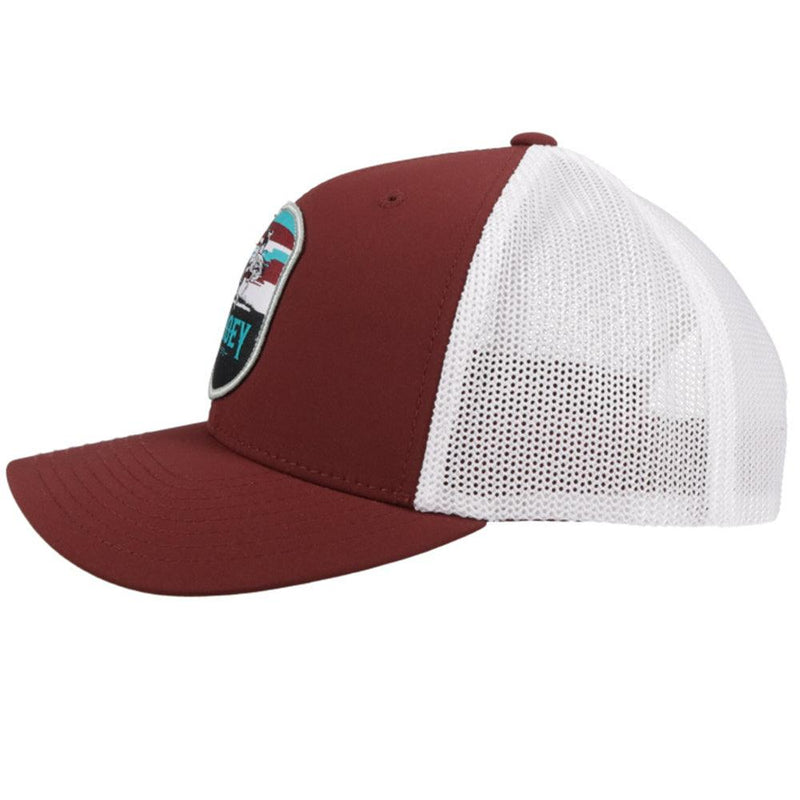 left side of the Youth maroon and white Cheyenne hat