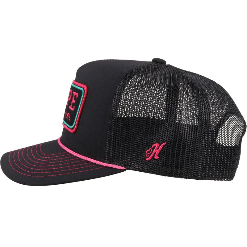 left side view of the black RLAG black hat with pink logo details
