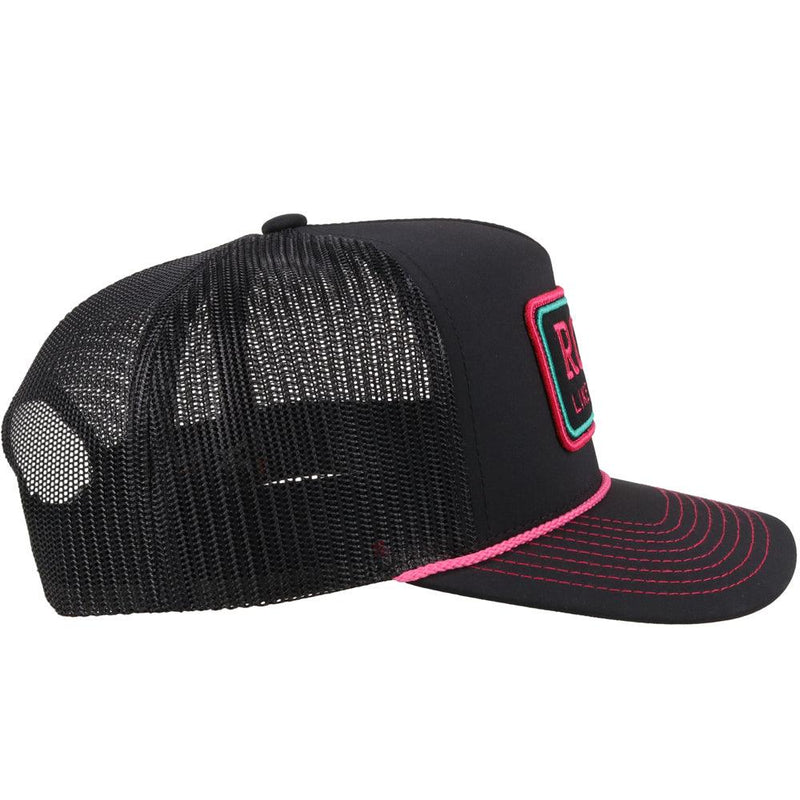 right side view of the black RLAG hat with pink rope details