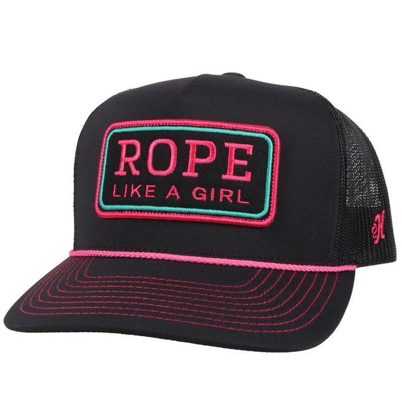 RLAG black hat with pink stitching and rope and pink and turquoise logo patch