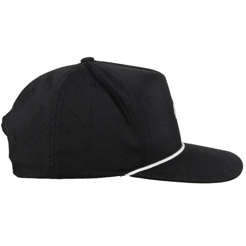 right side of the black on black Classic hooey hat with white rope detail