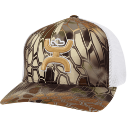 "Bass" tan and white hat with gold Hooey logo