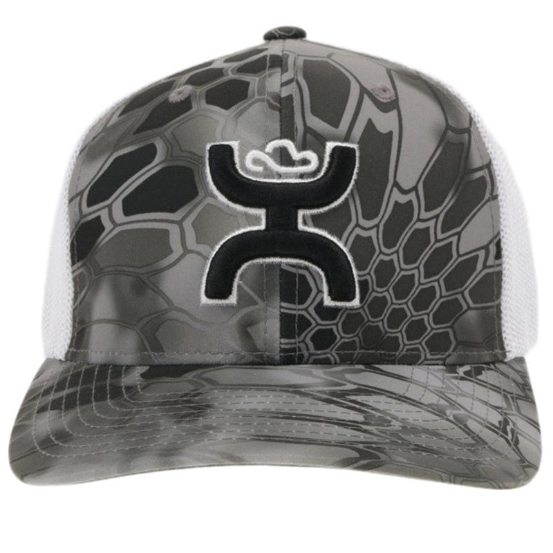 front of the "Bass" black, white, and grey hat with black and white hooey logo