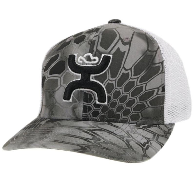 "Bass" black, white, and grey hat with black and white hooey logo
