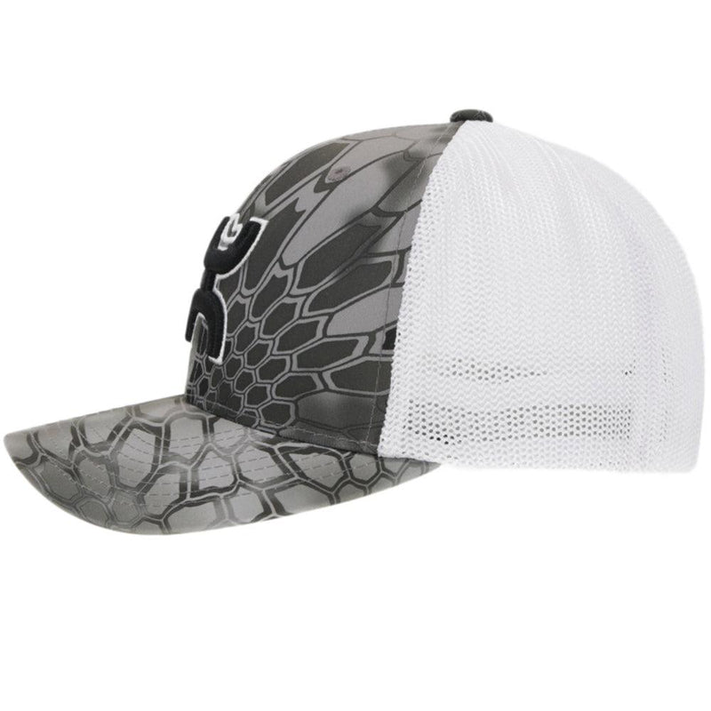 left side of the "Bass" black, white, and grey hat with black and white hooey logo