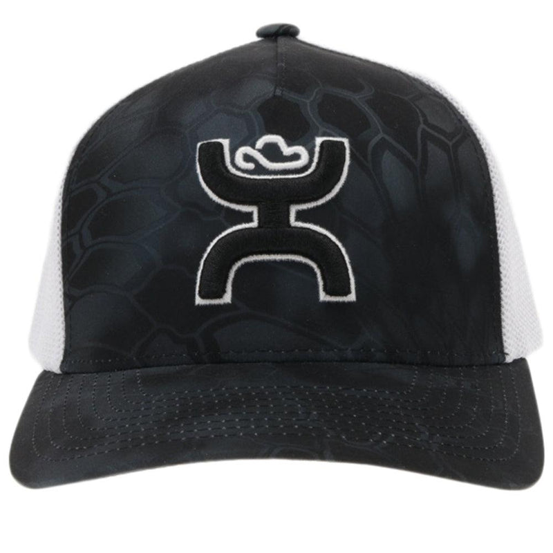 front of the "Bass" black and white scale pattern hat with black and white hooey logo