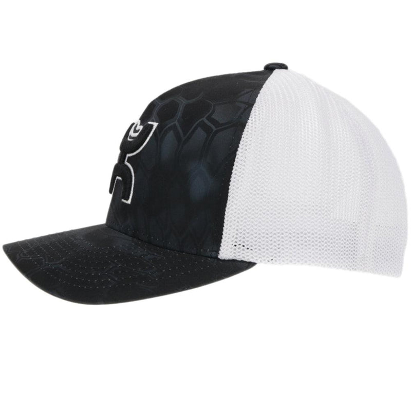 left side of the "Bass" black and white scale pattern hat with black and white hooey logo